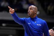 Seton Hall head coach Shaheen Holloway directs his team in the first half of an NCAA college basketball game against Georgia in the semifinals of the NIT, Tuesday, April 2, 2024, in Indianapolis. (AP Photo/Michael Conroy)